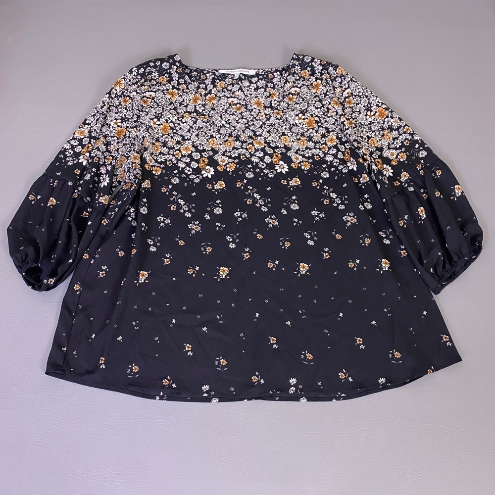 Collective‎ Concepts Blouse Women's 2X Black Floral V-Neck Balloon Sleeve Boho